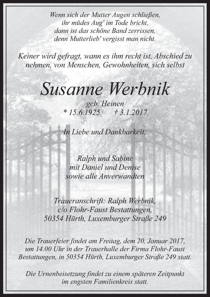  Traueranzeige für Susanne Werbnik vom 18.01.2017 aus  Wochenende 