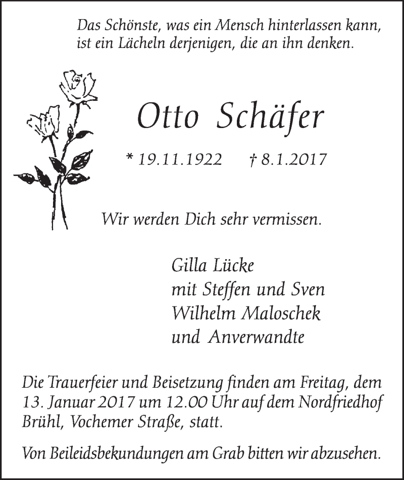  Traueranzeige für Otto Schäfer vom 11.01.2017 aus  Schlossbote/Werbekurier 