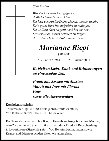 Anzeige von Marianne Riepl von Kölner Stadt-Anzeiger / Kölnische Rundschau / Express
