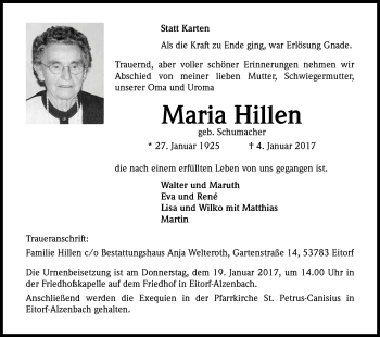 Anzeige von Maria Hillen von Kölner Stadt-Anzeiger / Kölnische Rundschau / Express