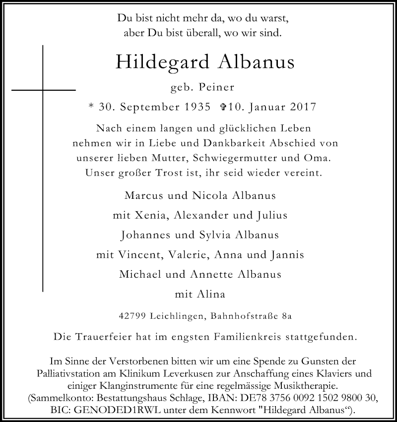  Traueranzeige für Hildegard Albanus vom 20.01.2017 aus Kölner Stadt-Anzeiger / Kölnische Rundschau / Express