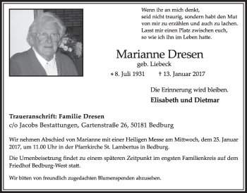 Anzeige von Marianne Dresen von  Sonntags-Post 
