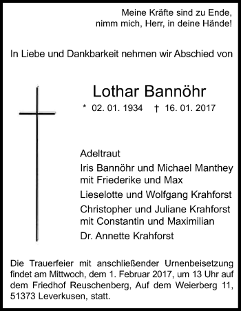 Anzeige von Lothar Bannöhr von Kölner Stadt-Anzeiger / Kölnische Rundschau / Express