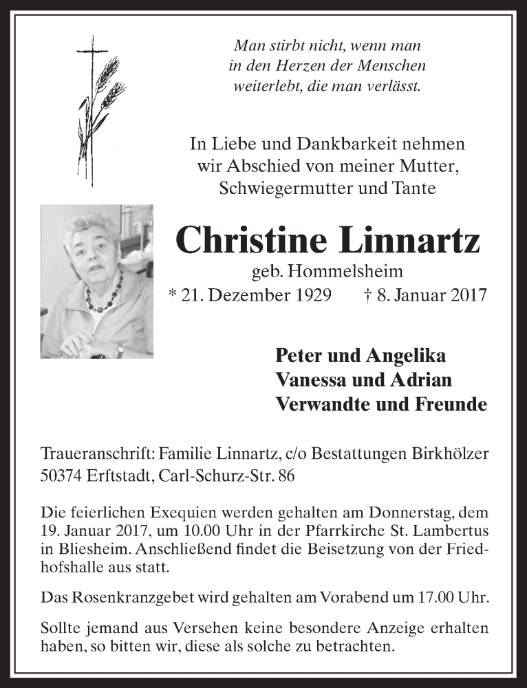  Traueranzeige für Christine Linnartz vom 18.01.2017 aus  Werbepost 