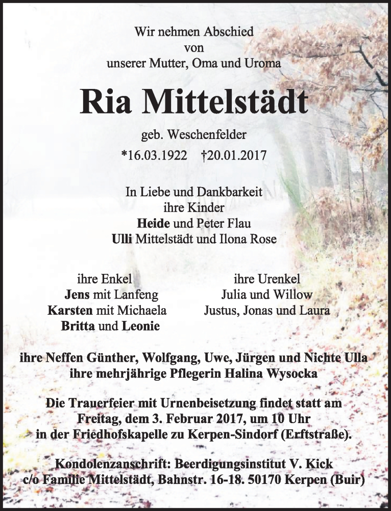 Traueranzeige für Ria Mittelstädt vom 28.01.2017 aus  Sonntags-Post 