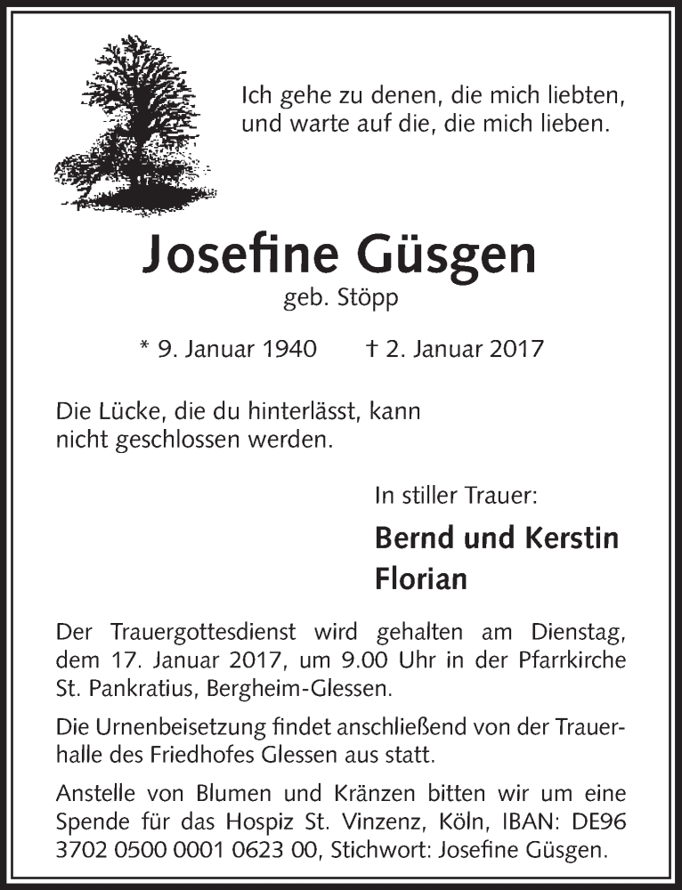  Traueranzeige für Josefine Güsgen vom 14.01.2017 aus  Sonntags-Post 