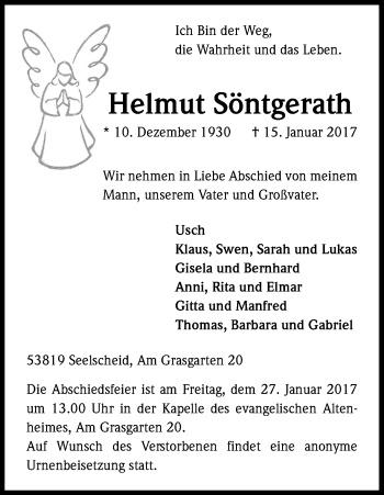 Anzeige von Helmut Söntgerath von Kölner Stadt-Anzeiger / Kölnische Rundschau / Express