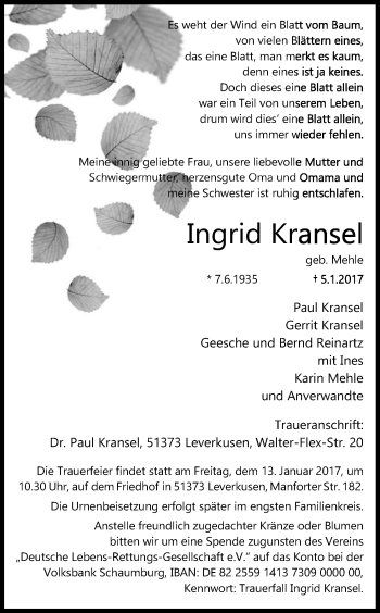 Anzeige von Ingrid Kransel von Kölner Stadt-Anzeiger / Kölnische Rundschau / Express