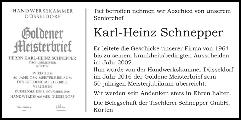  Traueranzeige für Karl-Heinz Schnepper vom 28.01.2017 aus Kölner Stadt-Anzeiger / Kölnische Rundschau / Express