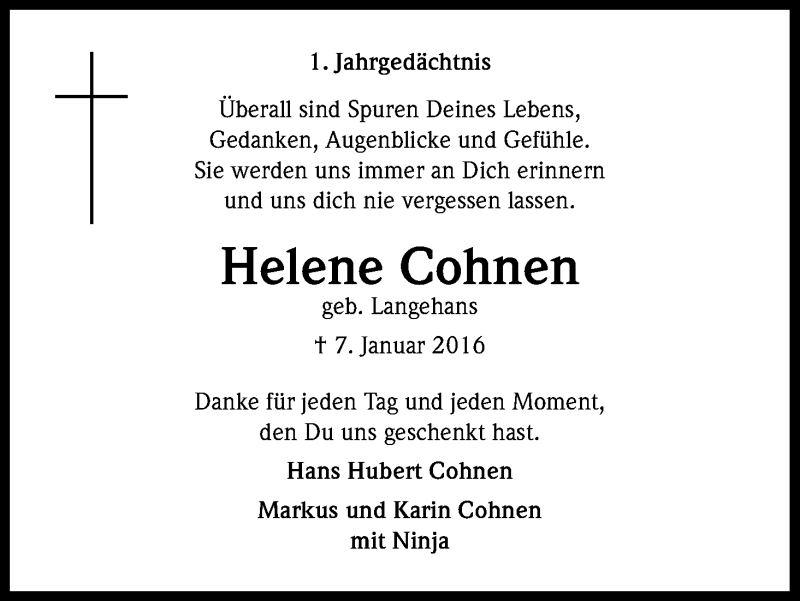 Traueranzeige für Helene Cohnen vom 07.01.2017 aus Kölner Stadt-Anzeiger / Kölnische Rundschau / Express