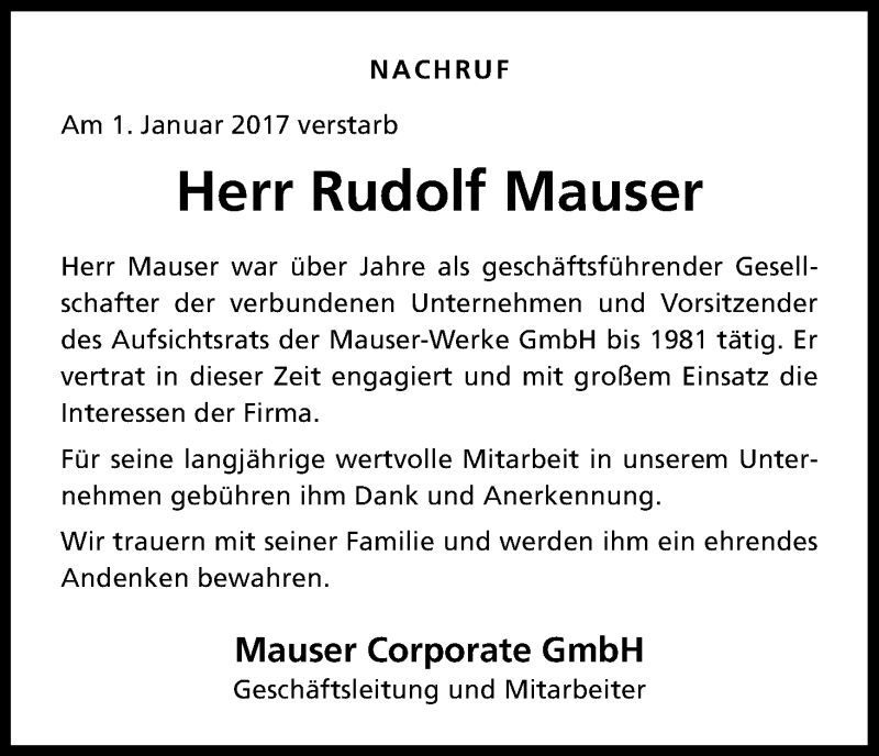 Traueranzeige für Rudolf Mauser vom 18.01.2017 aus Kölner Stadt-Anzeiger / Kölnische Rundschau / Express