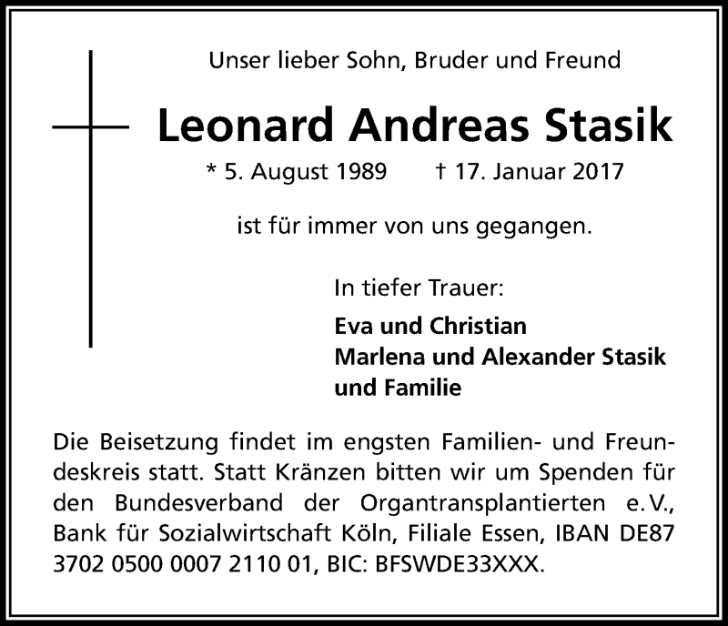  Traueranzeige für Leonard Andreas Stasik vom 28.01.2017 aus Kölner Stadt-Anzeiger / Kölnische Rundschau / Express