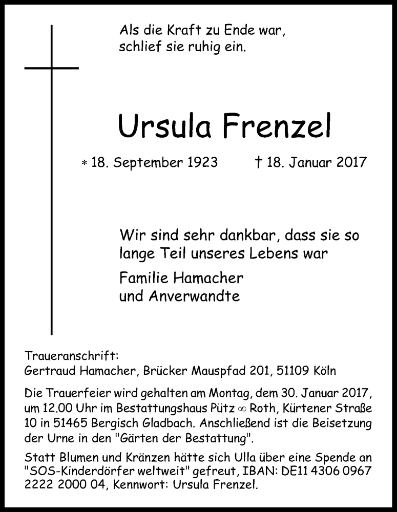  Traueranzeige für Ursula Frenzel vom 25.01.2017 aus Kölner Stadt-Anzeiger / Kölnische Rundschau / Express
