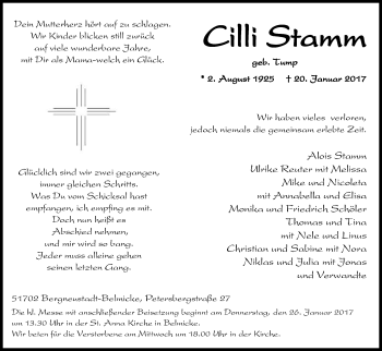 Anzeige von Cilli Stamm von Kölner Stadt-Anzeiger / Kölnische Rundschau / Express