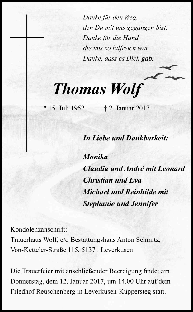  Traueranzeige für Thomas Wolf vom 07.01.2017 aus Kölner Stadt-Anzeiger / Kölnische Rundschau / Express