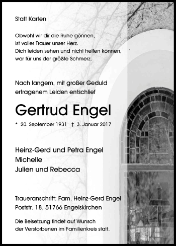 Anzeige von Gertrud Engel von Kölner Stadt-Anzeiger / Kölnische Rundschau / Express