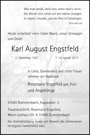Anzeige von Karl August Engstfeld von Kölner Stadt-Anzeiger / Kölnische Rundschau / Express