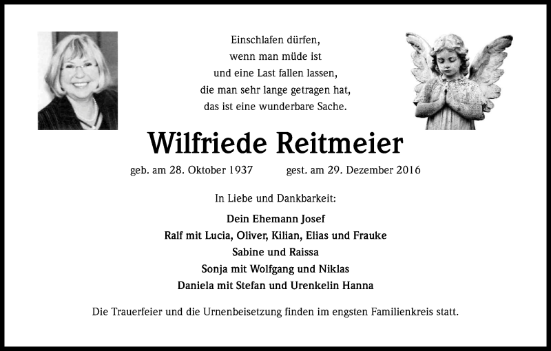  Traueranzeige für Wilfriede Reitmeier vom 07.01.2017 aus Kölner Stadt-Anzeiger / Kölnische Rundschau / Express
