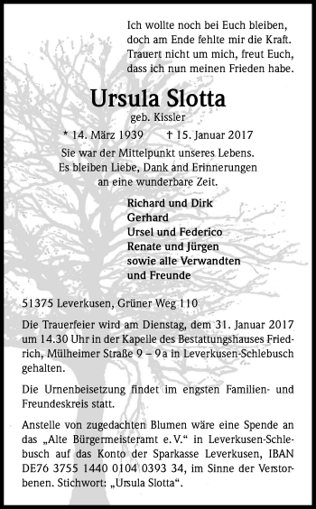Anzeige von Ursula Slotta von Kölner Stadt-Anzeiger / Kölnische Rundschau / Express