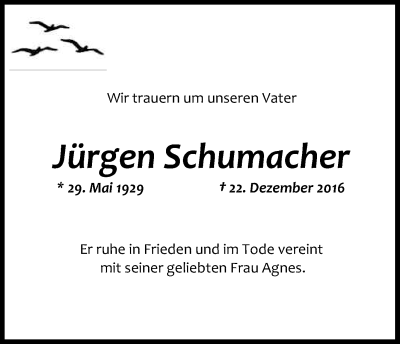  Traueranzeige für Jürgen Schumacher vom 21.01.2017 aus Kölner Stadt-Anzeiger / Kölnische Rundschau / Express