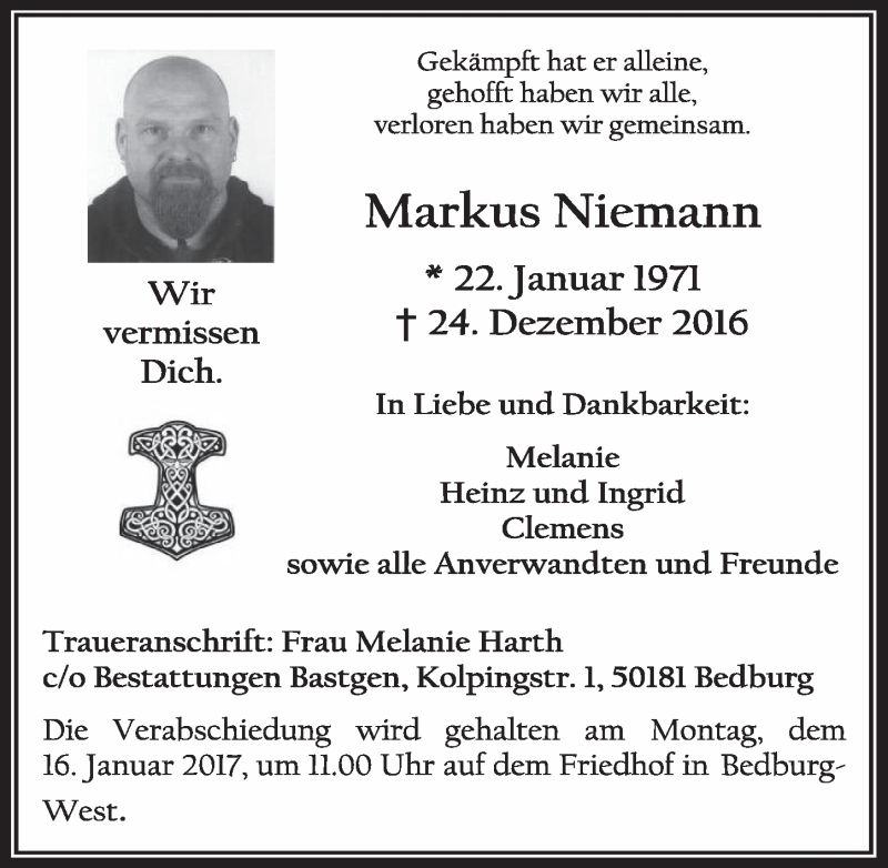  Traueranzeige für Markus Niemann vom 11.01.2017 aus  Werbepost 