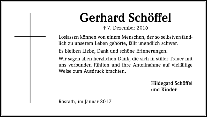  Traueranzeige für Gerhard Schöffel vom 21.01.2017 aus Kölner Stadt-Anzeiger / Kölnische Rundschau / Express