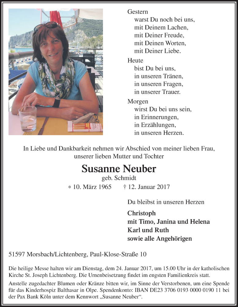  Traueranzeige für Susanne Neuber vom 18.01.2017 aus  Lokalanzeiger 