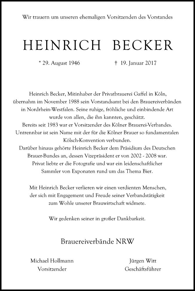  Traueranzeige für Heinrich Becker vom 24.01.2017 aus Kölner Stadt-Anzeiger / Kölnische Rundschau / Express
