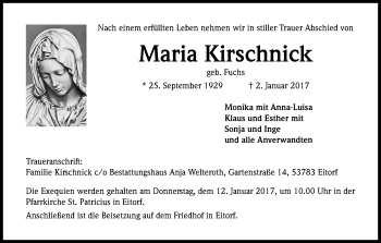 Anzeige von Maria Kirschnick von Kölner Stadt-Anzeiger / Kölnische Rundschau / Express