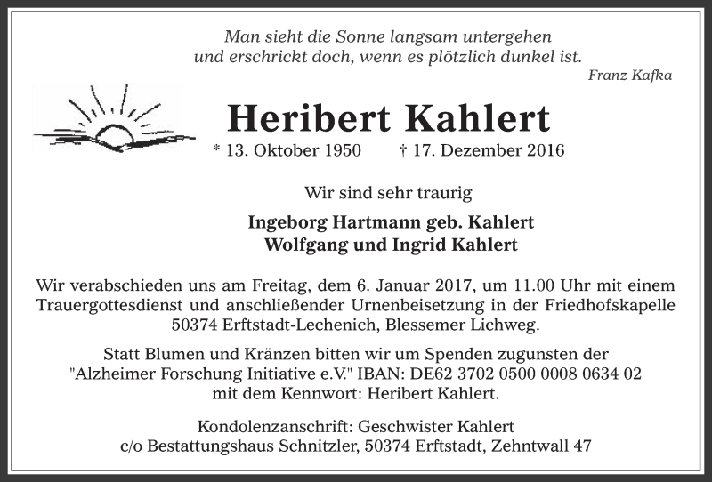  Traueranzeige für Heribert Kahlert vom 04.01.2017 aus  Werbepost 