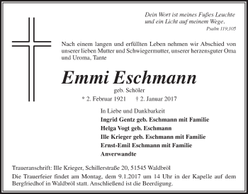 Anzeige von Emmi Eschmann von  Lokalanzeiger 
