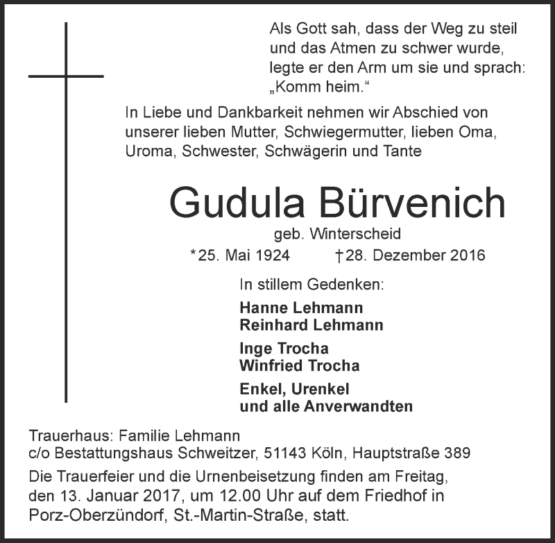  Traueranzeige für Gudula Bürvenich vom 04.01.2017 aus  Kölner Wochenspiegel 