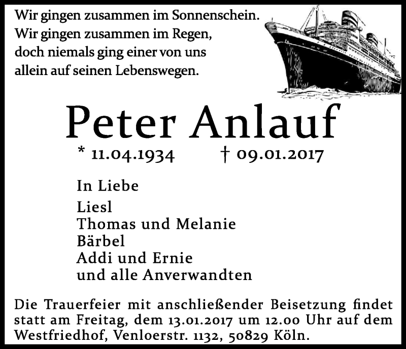  Traueranzeige für Peter Anlauf vom 11.01.2017 aus Kölner Stadt-Anzeiger / Kölnische Rundschau / Express