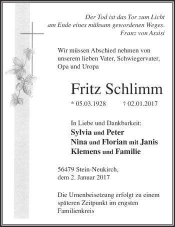 Anzeige von Fritz Schlimm 