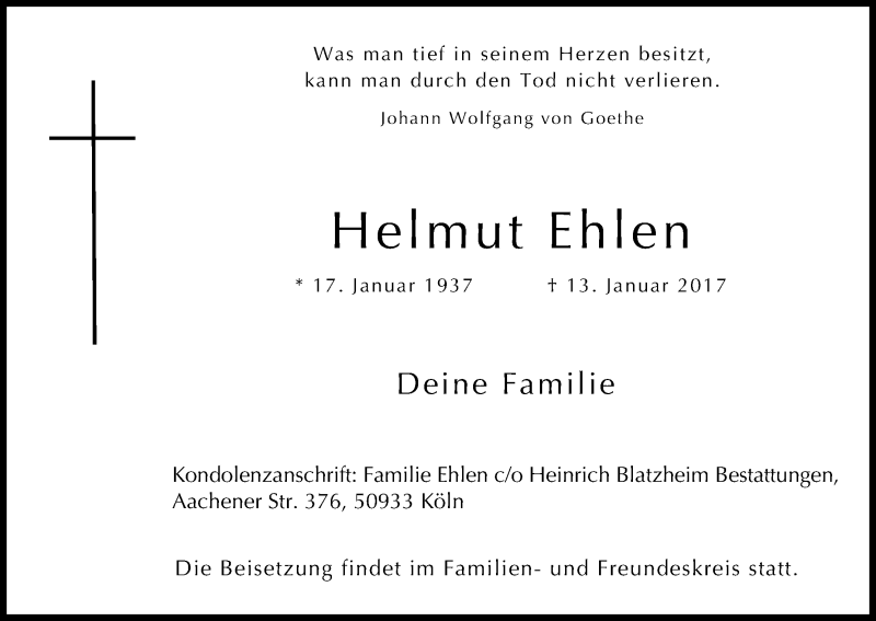  Traueranzeige für Helmut Ehlen vom 18.01.2017 aus Kölner Stadt-Anzeiger / Kölnische Rundschau / Express