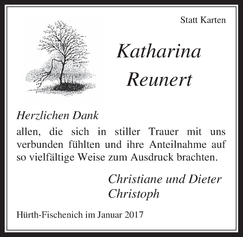  Traueranzeige für Katharina Reunert vom 25.01.2017 aus  Wochenende 