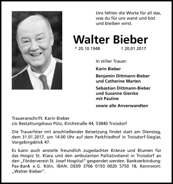 Anzeige von Walter Bieber von Kölner Stadt-Anzeiger / Kölnische Rundschau / Express