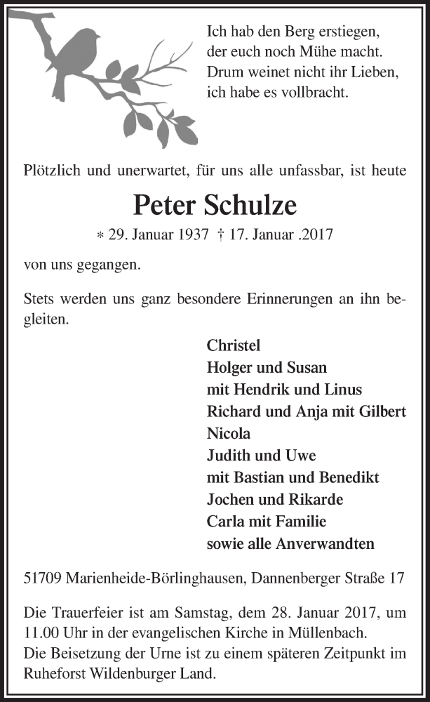  Traueranzeige für Peter Schulze vom 25.01.2017 aus  Anzeigen Echo 