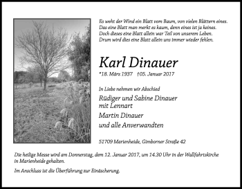 Anzeige von Karl Dinauer von Kölner Stadt-Anzeiger / Kölnische Rundschau / Express