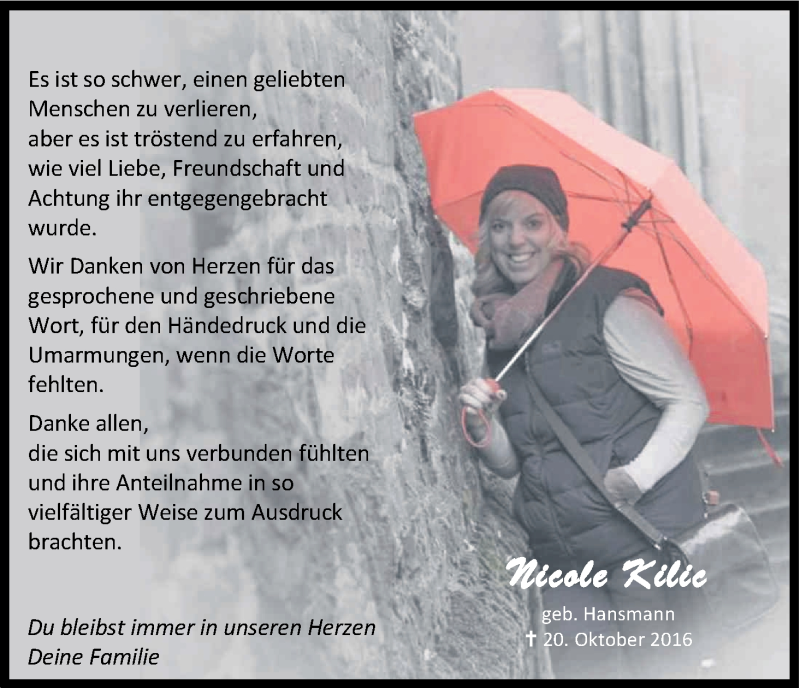  Traueranzeige für Nicole Kilic vom 21.01.2017 aus Kölner Stadt-Anzeiger / Kölnische Rundschau / Express