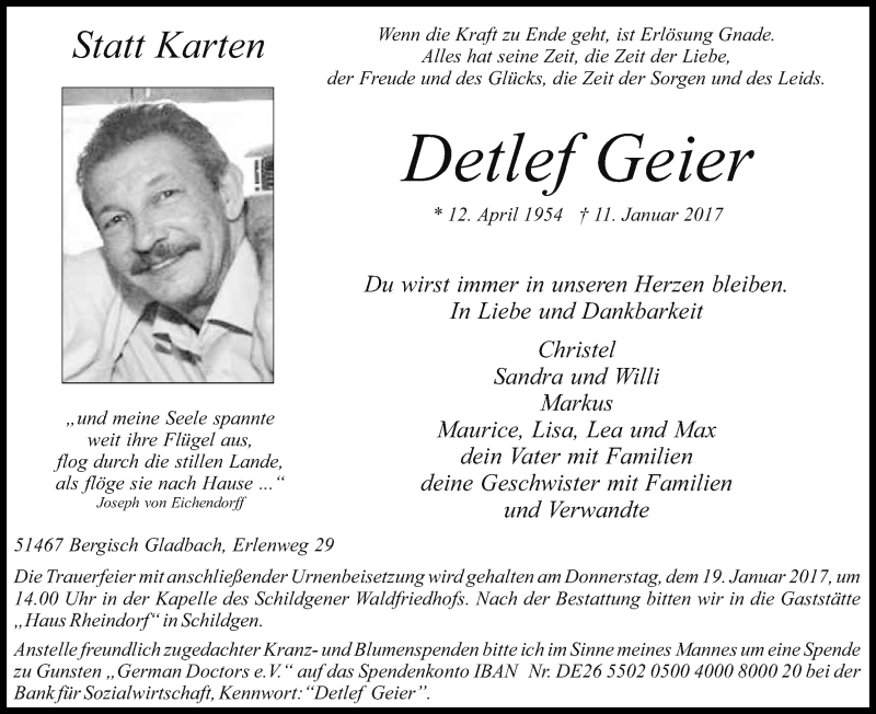  Traueranzeige für Detlef Geier vom 14.01.2017 aus Kölner Stadt-Anzeiger / Kölnische Rundschau / Express