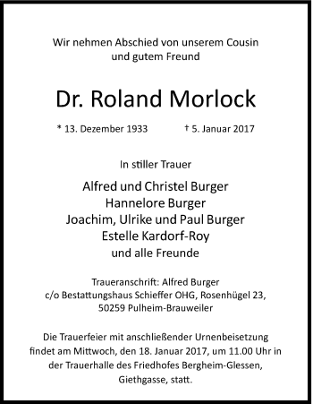 Anzeige von Roland Morlock von Kölner Stadt-Anzeiger / Kölnische Rundschau / Express
