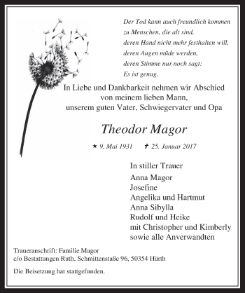 Anzeige von Theodor Magor von  Wochenende 
