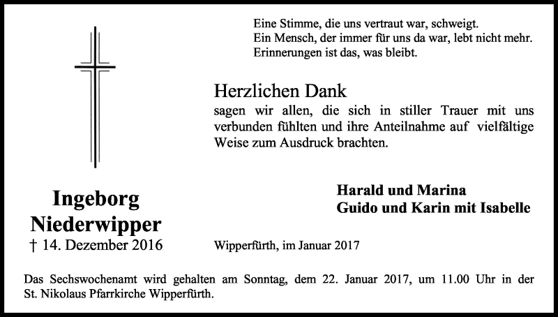  Traueranzeige für Ingeborg Niederwipper vom 14.01.2017 aus Kölner Stadt-Anzeiger / Kölnische Rundschau / Express