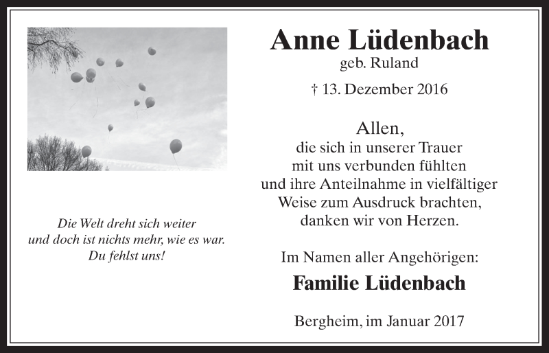  Traueranzeige für Anne Lüdenbach vom 25.01.2017 aus  Werbepost 