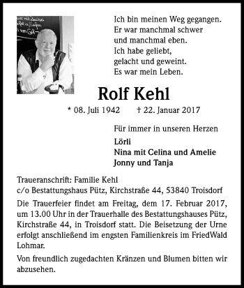Anzeige von Rolf Kehl von Kölner Stadt-Anzeiger / Kölnische Rundschau / Express