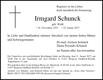 Anzeige von Irmgard Schunck von Kölner Stadt-Anzeiger / Kölnische Rundschau / Express
