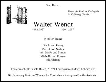 Anzeige von Walter Wendt von Kölner Stadt-Anzeiger / Kölnische Rundschau / Express