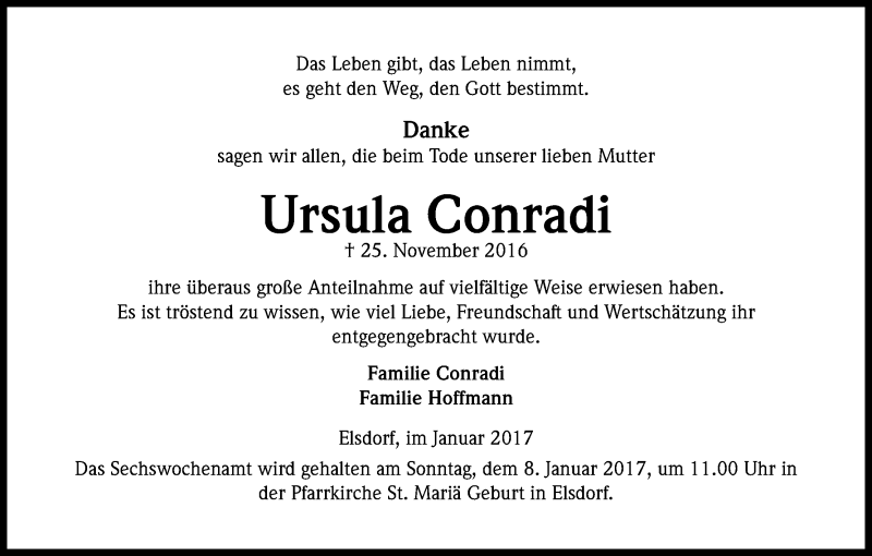  Traueranzeige für Ursula Conradi vom 05.01.2017 aus Kölner Stadt-Anzeiger / Kölnische Rundschau / Express