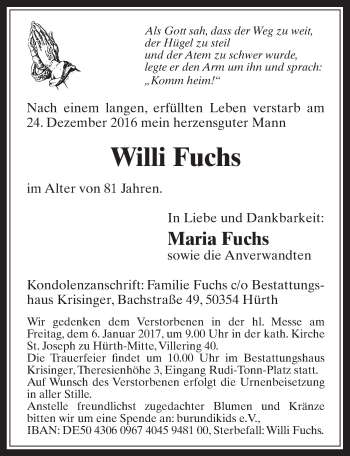 Anzeige von Willi Fuchs von  Wochenende 